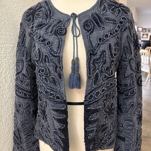 Zara Embroidered Denim Open Blazer Jacket Beaded Tassel‎ Sz M EUC